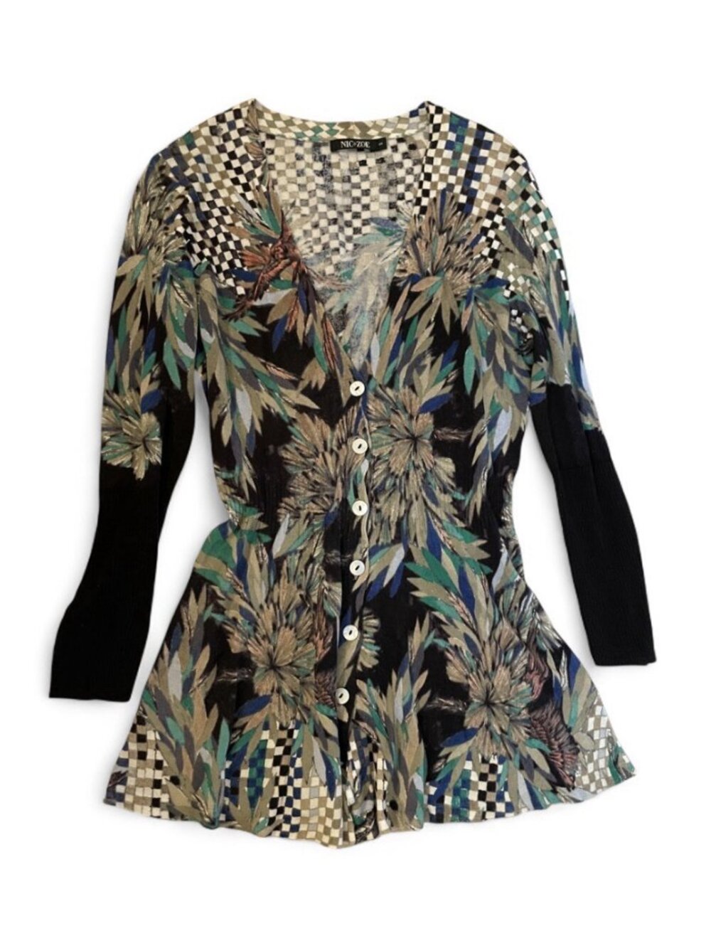 Nic + Zoe Botanical Button Down Sweater Artsy Fitted Unique Lightweight Cotton S